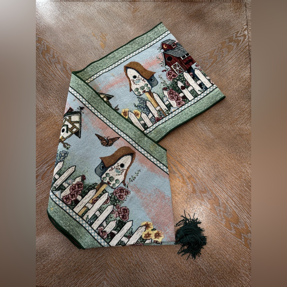 Fall TAPESTRY Green TABLE RUNNER  76” X 13” Bird House And Tassels